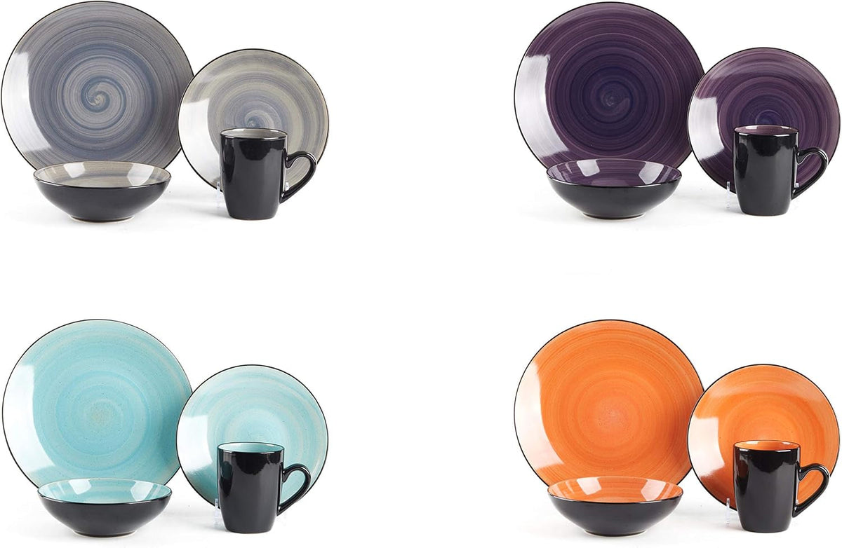 sonoma-16-piece-stoneware-dinner-set-samoa-outside-black-inside-hand-painted-combi-colors-of-grey-orange-purple-and-turquoise-with-speckle