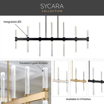 Sycara 14-Light LED Linear Chandelier, Modern Light with Faceted Crystal in Polished Nickel, Sloped Ceiling Compatible, for Dining Room, Bar or Kitchen (22.25" X 5" X 48.25"), 52670PN5