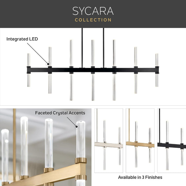 Sycara 14-Light LED Linear Chandelier, Modern Light with Faceted Crystal in Polished Nickel, Sloped Ceiling Compatible, for Dining Room, Bar or Kitchen (22.25" X 5" X 48.25"), 52670PN5