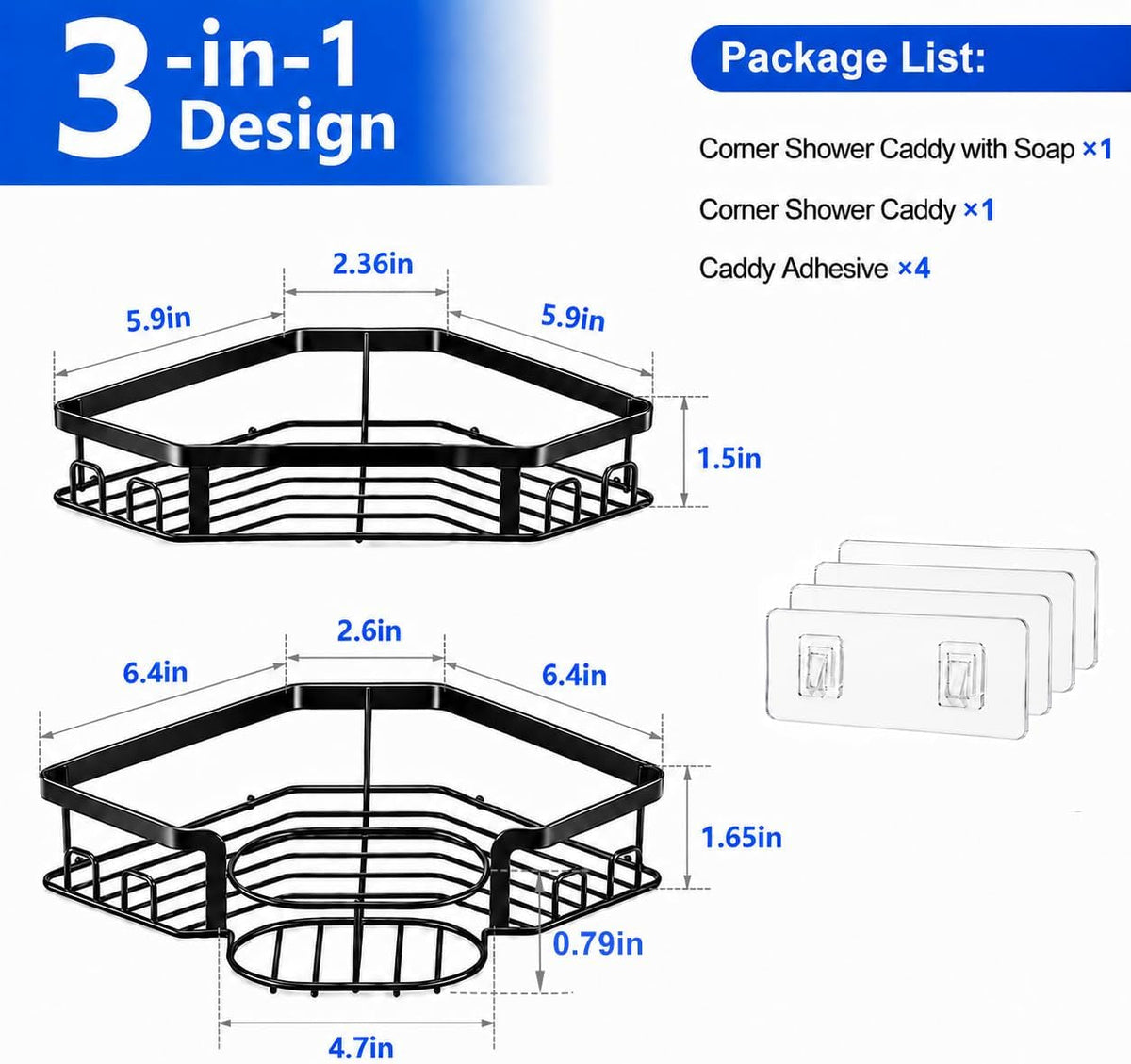 corner-shower-caddy-rustproof-shower-organizer-with-soap-holder-and-8-hooks-no-drilling-adhesive-shower-shelves-for-inside-shower-large-capacity-shower-rack-for-bathroom-shower-storage-black