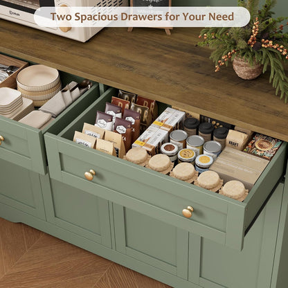 75" Kitchen Pantry Storage Cabinet, Coffee Bar Hutch Cabinet, Green | Tall Pantry Cabinet with Charging Station / Wide Countertop / Glass Doors / Wine Rack / Cup Holder / Drawers, Dining Room7