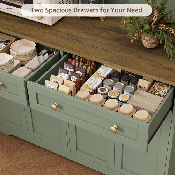 75" Kitchen Pantry Storage Cabinet, Coffee Bar Hutch Cabinet, Green | Tall Pantry Cabinet with Charging Station / Wide Countertop / Glass Doors / Wine Rack / Cup Holder / Drawers, Dining Room7