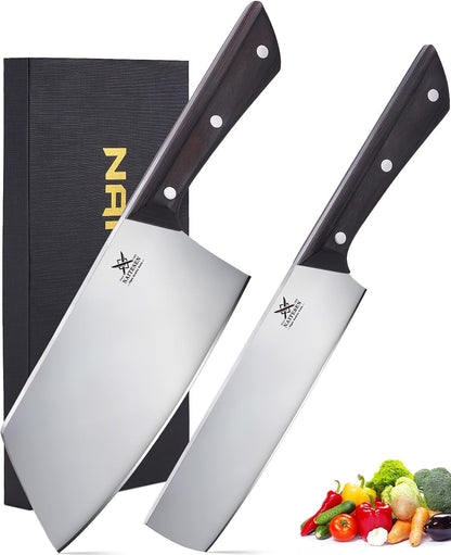 2PCS Cleaver Knife Set, Meat Cleaver & Nakiri Vegetable Knife1