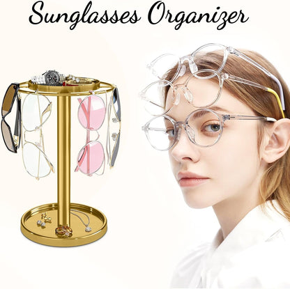 360° Rotating Sunglasses Organizer, Glasses Holder with Organizer Tray | Stainless Steel Eyeglasses Holder with Storage Base for Dresser, Desk Table, Nightstand & Home Decor, Gold9