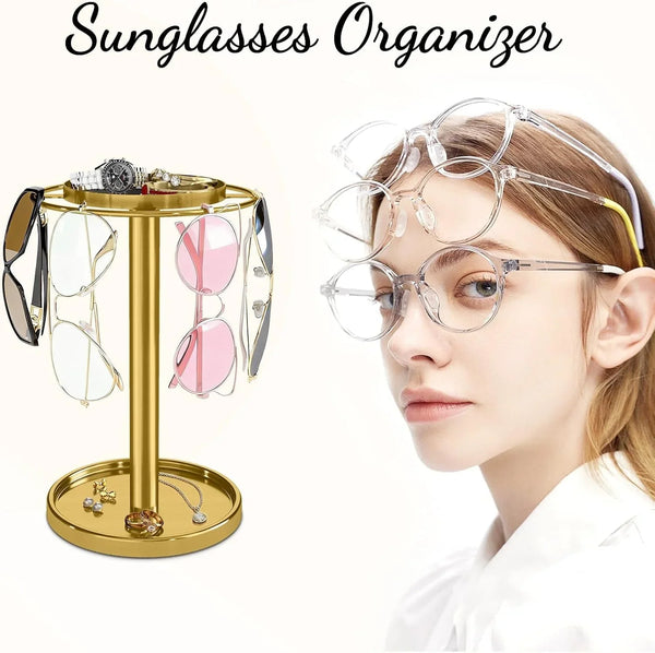 360° Rotating Sunglasses Organizer, Glasses Holder with Organizer Tray | Stainless Steel Eyeglasses Holder with Storage Base for Dresser, Desk Table, Nightstand & Home Decor, Gold9