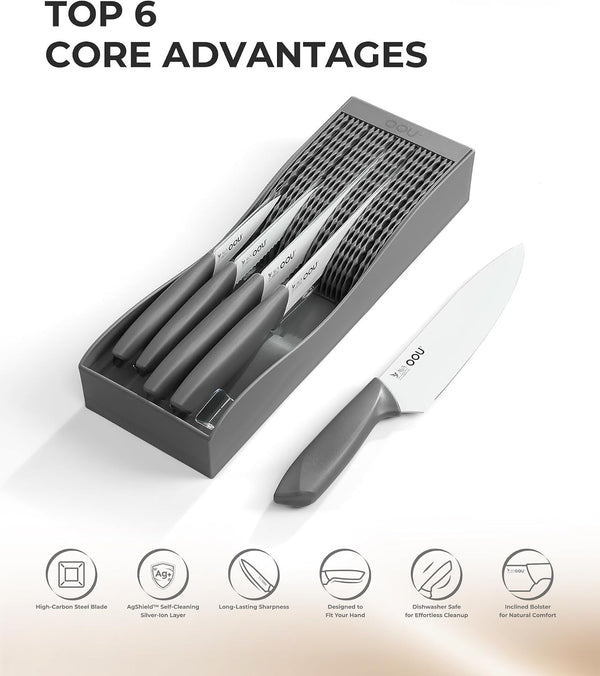 In-Drawer Kitchen Knife Set, Space-Saving Cutlery and Kitchen Organizer, Includes Chef, Bread, Santoku, Utility and Paring Knives, 6-Piece Knives Sets, Gray3
