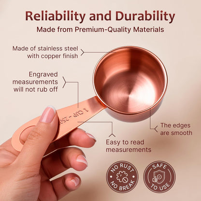 Measuring Cups and Spoons Set of 9, Utensils for Dry and Liquid Ingredients, Copper Kitchen Accessories, Rose Copper Decor for Home, Stackable, Sturdy Stainless Steel4