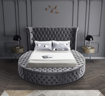 Meridian Furniture Luxus Collection Modern Contemporary round Shaped Velvet Upholstered Bed with Deep Button Tufting and Footboard Storage, King, Grey7