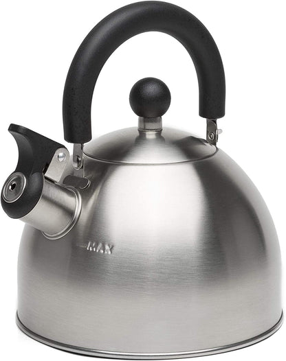 Stewart Whistling Tea Kettle for Stovetop, Stainless Steel Stove Top Kettle with Fast Boil Whistling Spout and Cool Touch Folding Handle, 1.5-Quart, Brushed Silver with Black Handle1