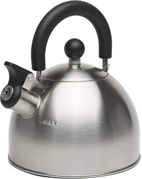 Stewart Whistling Tea Kettle for Stovetop, Stainless Steel Stove Top Kettle with Fast Boil Whistling Spout and Cool Touch Folding Handle, 1.5-Quart, Brushed Silver with Black Handle1