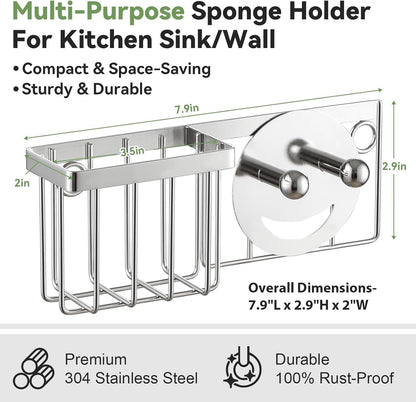 [Space Saving] Sponge Holder for Kitchen Sink, Great for Scrub Daddy / Scrub Mommy Sponges, Rust-Proof Sink Sponge Caddy Organizer for Dish Brush, Scrubber - 2 Mounting Options (Suction Cups & Hooks)6