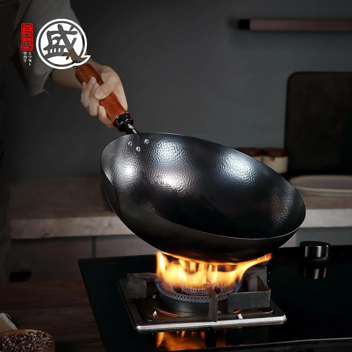 12-6-inch-hand-hammered-wrought-iron-wok-round-bottom-99-8-iron-content-4-1-inch-deep-bowl-seasoning-ready-surface-fish-scale-texture-grooved-sapele-handle