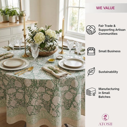Jade 100% Cotton Boho round Tablecloth, Block Print Floral Table Cloth Linen for Dining, Parties, Weddings, Outdoors I Table Decor 72" Inches Diameter I4