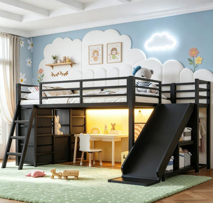 Twin Low Loft Bed with Slide and LED, Storage Drawers and Hanging Area, 2 Assembly Methods, Black1