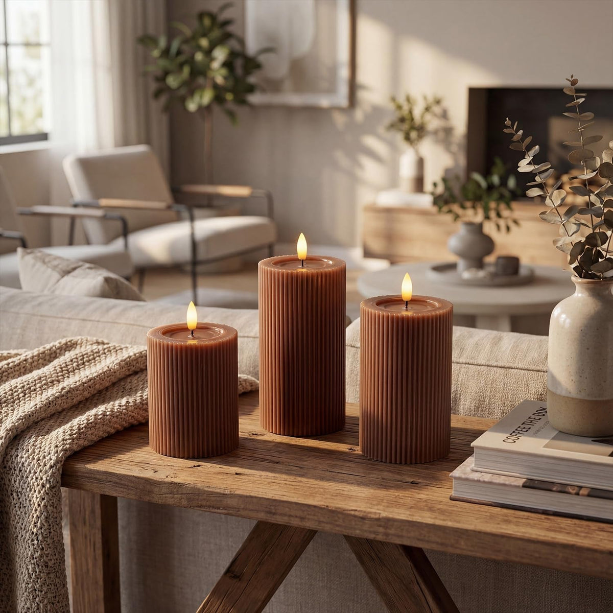 fluted-ribbed-led-pillar-candles-brown-with-reflective-melted-wax-effect-flickering-flame-remote-dimmable-flameless-battery-operated-home-wedding-decor-set-of-3
