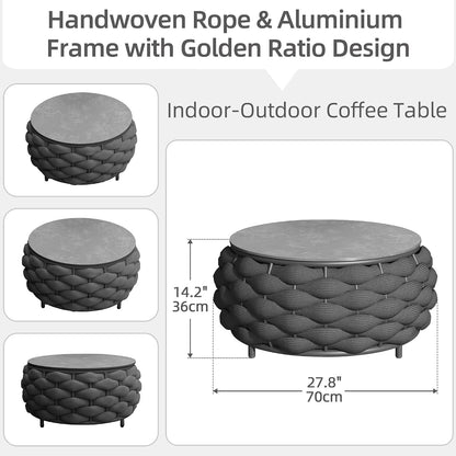 Round Coffee Table, Handwoven Rope Aluminum Outdoor Patio Table2