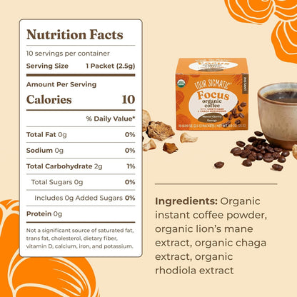 Four Sigmatic Focus Organic Mushroom Coffee | Instant Mushroom Coffee Mix with Lion'S Mane, Chaga and Rhodiola for Better Focus and Immune Support | 10 Packets11