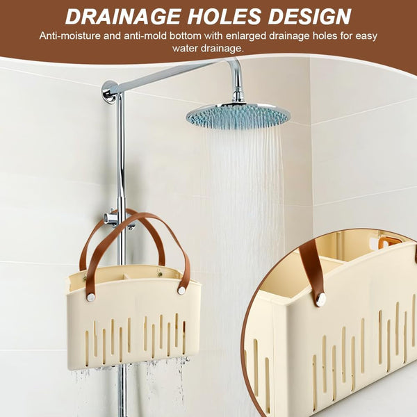 Portable Shower Caddy with Cleaning Sponge, Foldable Shower Storage Basket with Handle and Adjustable Divider, Quick Dry Bathroom Organizer Bin for Bathroom,Dorm,College,Camp,Travel(Color:Cream)6