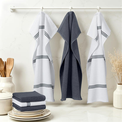 Dual Design Cotton Kitchen Towels(16" X 26", 6 Pack), Dark Grey | Large 380 GSM Dish Towels, Highly Absorbent Terry Kitchen Hand Towels, Soft Quick Drying Tea Towels with Hanging Loop7