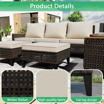 7 Piece Outdoor Patio Furniture Set, Wicker Rattan Sectional Sofa Set with Thick Cushions and High Backrest, All Weather Outdoor Conversation Set for Garden, Porch, Lawn, Poolside, Beige6