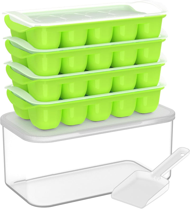 Ice Cube Tray with Lid and Bin, 4 Pack Ice Bucket Kits for RV | Stackable Silicone Ice Trays for Freezer, Easy Pop Out, BPA Free for Cocktail, Coffee, Soup, Food, Kitchen