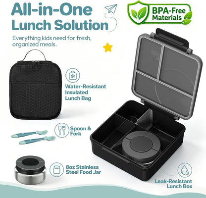 Bento Lunch Box Set for Kids with 8Oz Soup Thermo, Leak-Proof Lunch Containers with 4 Compartment, Kids Thermo Hot Food Jar and Insulated Lunch Bag for Kid to School-Black2