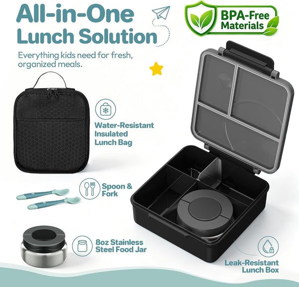 Bento Lunch Box Set for Kids with 8Oz Soup Thermo, Leak-Proof Lunch Containers with 4 Compartment, Kids Thermo Hot Food Jar and Insulated Lunch Bag for Kid to School-Black2