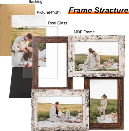 4X6 Collage Picture Frames, Multi Family Photo Frame with Real Glass, Displays Four 4X6 Photo, Wall Decor Wall Hanging or Tabletop, Distressed White+Rustic Brown3