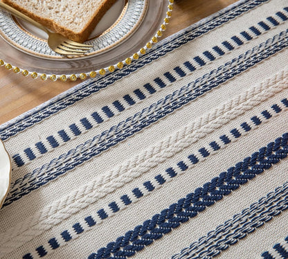Boho Table Runner 108 Inchs Long, Navy Blue and Beige Cotton Linen Blend Woven Modern Rustic Farmhouse Decorative Dresser and Coffee Table Runner for Kitchen, Dining Room Home Decor4