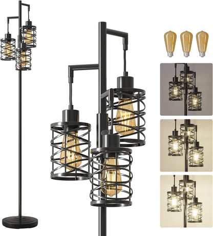 70" Industrial Floor Lamp, Stepless Dimmable Standing Lamp with 3 Bulbs, Farmhouse Corner Standing Tree Lamp for Living Room, Tall Lamps for Bedroom, Office, Study Room, Dining Room, Black1