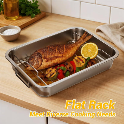 Heavy Duty Stainless Steel Roasting Pan with Rack & Handle for Oven | High Sided, Induction Compatible, Rack for Even Heating & Draining, for Turkey Chicken Vegetables & Lasagna, Easy to Clean4
