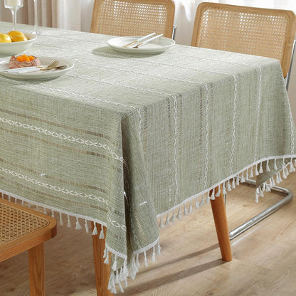 Sage Green Rustic Table Cloth, Rectangle Textured Cotton Linen Fabric Tablecloth with Tassel, Christmas Farmhouse Table Cover Embroidery Stripe Tablecloths for Kitchen Dinning Party, 55" X 55"2
