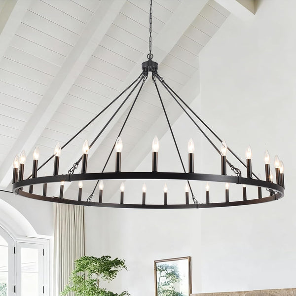 Black Extra Large Wagon Wheel Chandelier, 60 Inch 30 Lights1