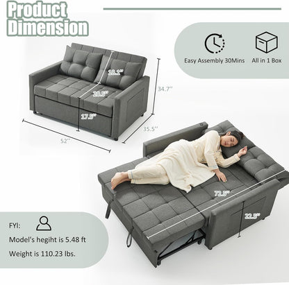 52" 3-In-1 Convertible Sleeper Sofa Bed, Linen, Dark Gray2