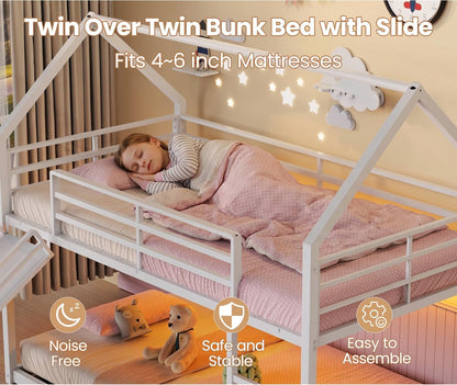Twin over Twin Bunk Bed with Slide,40° Gentle-Slope & LED Light, White5