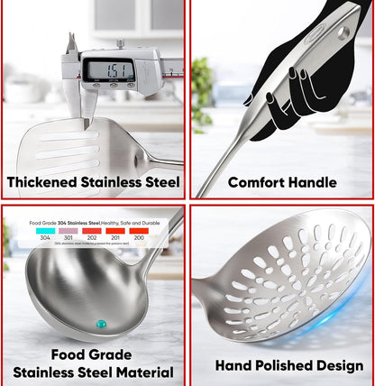Newness 4 Pcs Cooking Utensils Set, 304 Stainless Steel Kitchen Utensils Set, Metal Kitchen Accessories, Include Soup Ladle, Slotted Skimmer Spoon, Spaghetti Spoon and Spatula, Dishwasher Safe5