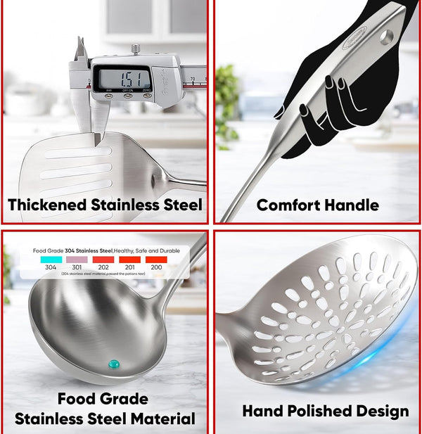 Newness 4 Pcs Cooking Utensils Set, 304 Stainless Steel Kitchen Utensils Set, Metal Kitchen Accessories, Include Soup Ladle, Slotted Skimmer Spoon, Spaghetti Spoon and Spatula, Dishwasher Safe5