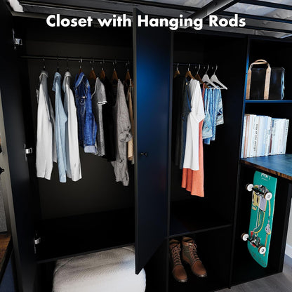 Full Size Loft Bed with Desk, Stairs & LED Light, Metal Gaming Loft Bed Frame with Headboard, Safety Guardrails, Charging Station, Closet & Fabric Drawers, Space Saving, Black & Burnt Wood7