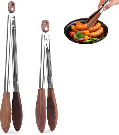 2-Pcstongs for Cooking with Wooden Tips - Nonstick Cooking Tongs & Salad Tongs for Blooming Food，Cooking, BBQ and Tossing Salad - Made of Natural Walnut Wood，Long Style15Inch Short Style 11.4Inch1