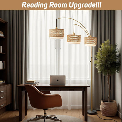 80'' Gold Rattan Arc Floor Lamp for Living Room, 3-Light Boho Tree Lamp | Heavy Natural Marble Base, 1/2/3-Light Rotary Switch,Double-Layer Wicker/Fabric Shades for Reading Corners,8 Ft+ Ceilings8