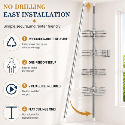 Rustproof Corner Shower Caddy Tension Pole for Bathroom Storage7