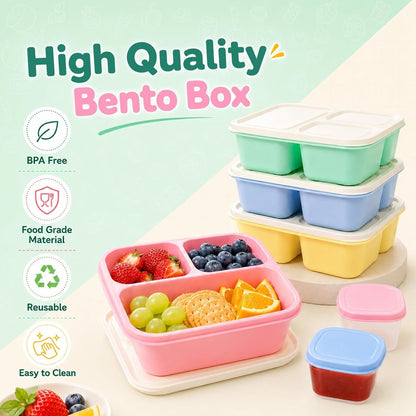 Bento Box Snack Containers, 3 Compartment Lunch Containers for Adults, Reusable Stackable Meal Prep & Food Storage Containers with Leakproof Sauce Cups, 4 Pack4