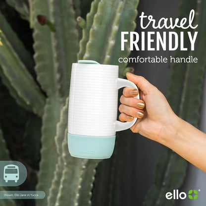 Jane 18Oz Ceramic Travel Mug with Handle, Splash-Resistant Slider Lid and Built-In Coaster, Perfect for Coffee and Tea, BPA Free, Dishwasher Safe, Holiday Gift Her Him, Yucca | Splash-Resistant Ceramic Coffee Tumbler with Handle and Silicone Base. Bpa-Free, Great for Hot Drinks, Tea, and Gifting.4