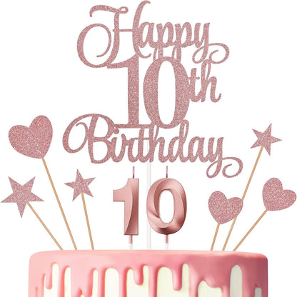 10Th Birthday Cake Decorations, 10Th Birthday Candles Cake Numeral Candles and Glitter Happy 10Th Birthday Cake Toppers Set for Birthday Party Supplies (Rose Gold)1