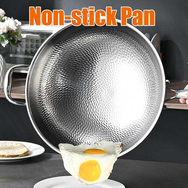 Titanium Hammered Wok, 2026 Upgrade Double-Side Hammered Frying Pans Nonstick, Non-Stick Wok,Durable Scratch-Resistant Non Stick Titanium Pans for Cooking,With Lid,14In5