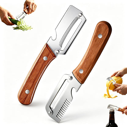 Multifunctional Vegetable Peeler 3-In-1, Julienne Peeler, Fruit Peeler Knife with Ergonomic Wood Handle, Stainless Steel Blade for Efficient Peeling, Grating & Slicing（2Pcs)1