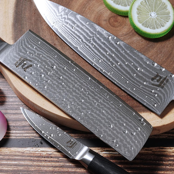 3-Piece VG-10 Damascus Kitchen Knife Set with Double-Sided Sharpening Stone – Nakiri, Chef & Paring Knives, 67-Layer Tsunami Wave Pattern, Black Pakka Wood Handles, 60±2 HRC (3-Piece-Set)7