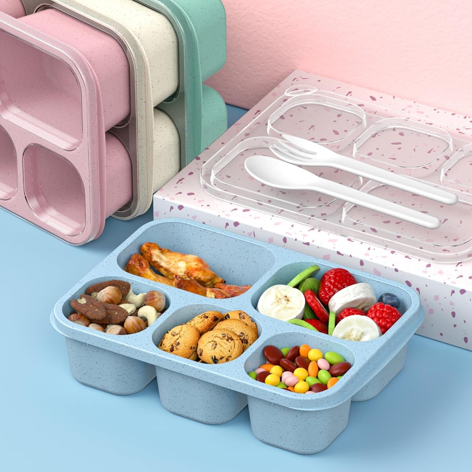 bento-box-adult-lunch-box-4-pack-5-compartment-meal-prep-container-for-kids-reusable-food-storage-snack-containers-stackable-for-school-work-and-travel-wheatgreen-blue-pink-beige
