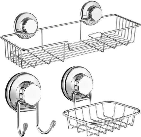 Suction Cups Shower Caddy Soap Dish Double Bath Hook-Bath Organizer Kitchen Storage Basket for Shampoo, Conditioner, Soap- anti Rust Stainless Steel (Set of 3)1