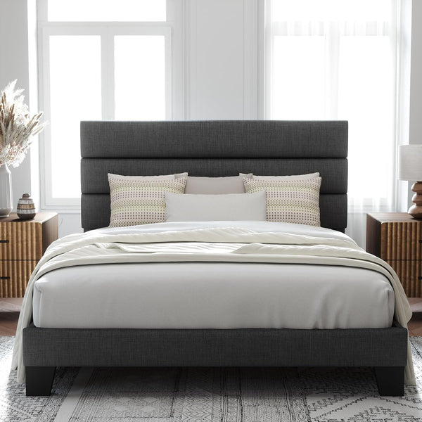 Queen Size Platform Bed Frame with Fabric Upholstered Headboard1